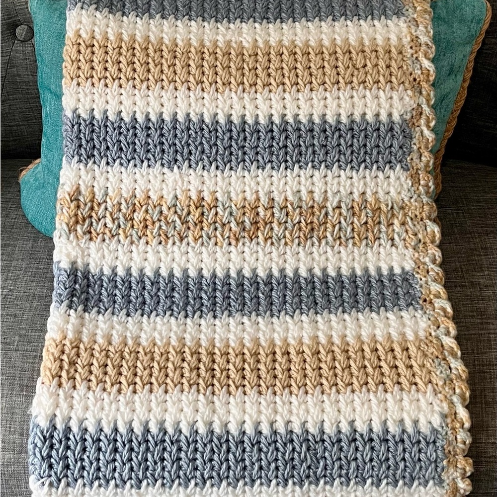 Striped Handmade Baby Blanket in Blue, Beige, and White
